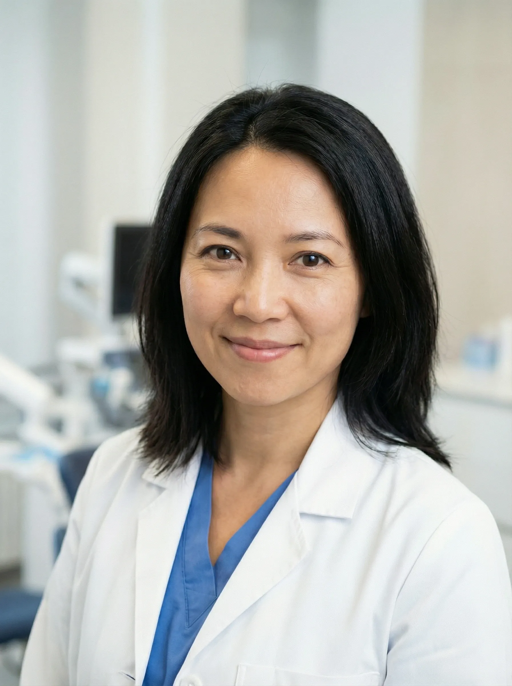 Professional headshot of a woman in a white lab coat and blue scrubs in a bright clinical setting